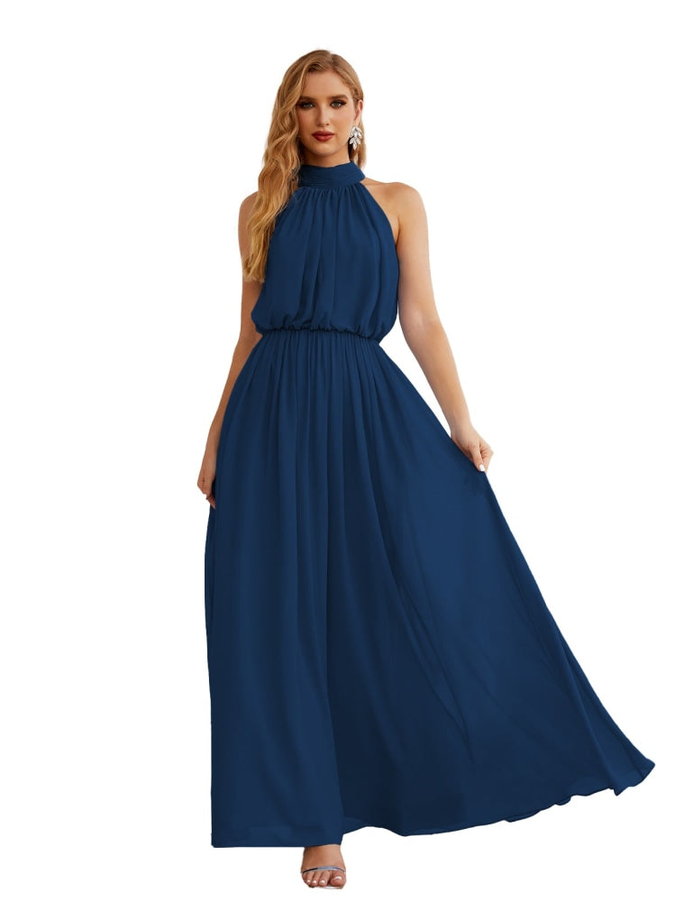 Numbersea High Neck Chiffon Bridesmaid Dresses Long Evening Formal Party Prom Gowns 28027 Navy Blue