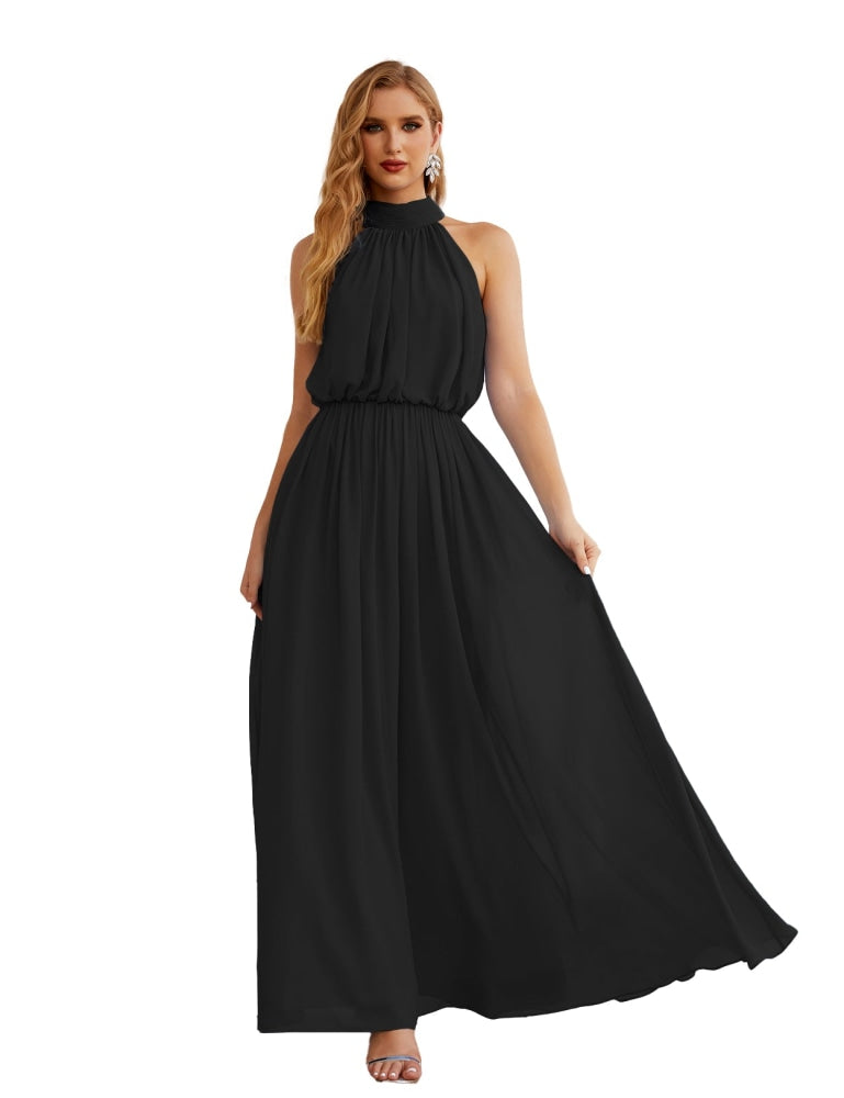 Numbersea High Neck Chiffon Bridesmaid Dresses Long Evening Formal Party Prom Gowns 28027 Black