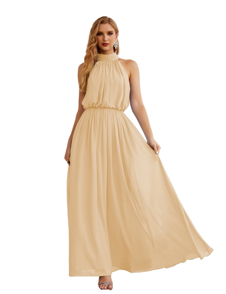 Numbersea High Neck Chiffon Bridesmaid Dresses Long Evening Formal Party Prom Gowns 28027 Champagne