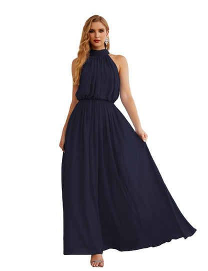 Numbersea High Neck Chiffon Bridesmaid Dresses Long Evening Formal Party Prom Gowns 28027 Dark Navy