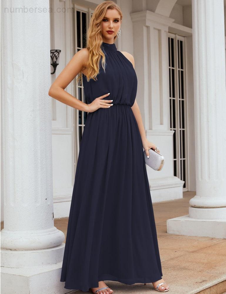 Numbersea High Neck Chiffon Bridesmaid Dresses Long Evening Formal Party Prom Gowns 28027