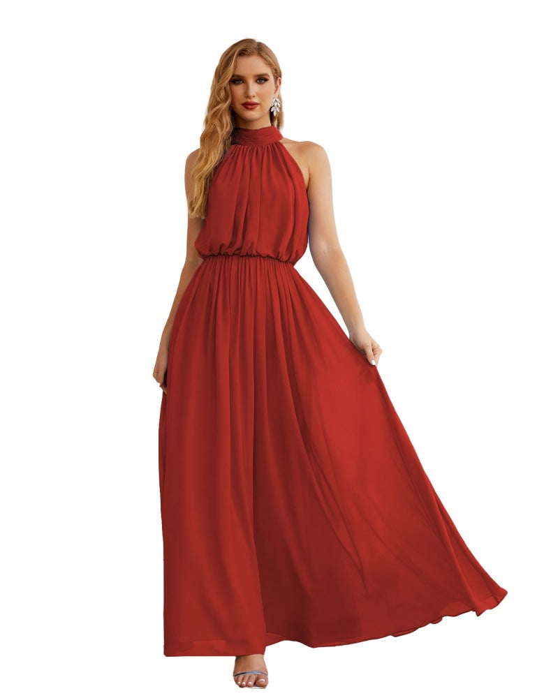 Numbersea High Neck Chiffon Bridesmaid Dresses Long Evening Formal Party Prom Gowns 28027 Rust Red