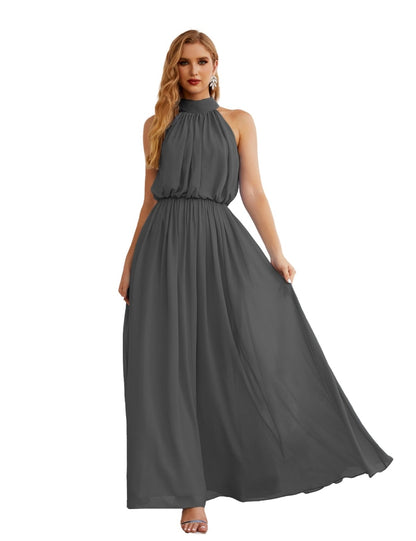 Numbersea High Neck Chiffon Bridesmaid Dresses Long Evening Formal Party Prom Gowns 28027 Iron Gray