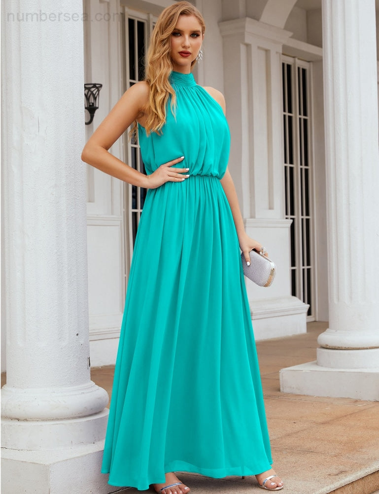 Numbersea High Neck Chiffon Bridesmaid Dresses Long Evening Formal Party Prom Gowns 28027