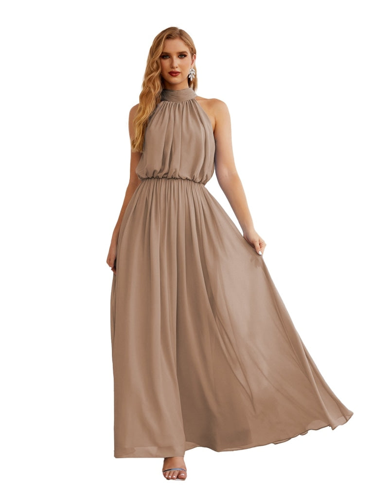 Numbersea High Neck Chiffon Bridesmaid Dresses Long Evening Formal Party Prom Gowns 28027 Taupe