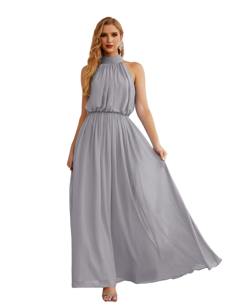 Numbersea High Neck Chiffon Bridesmaid Dresses Long Evening Formal Party Prom Gowns 28027 Grey