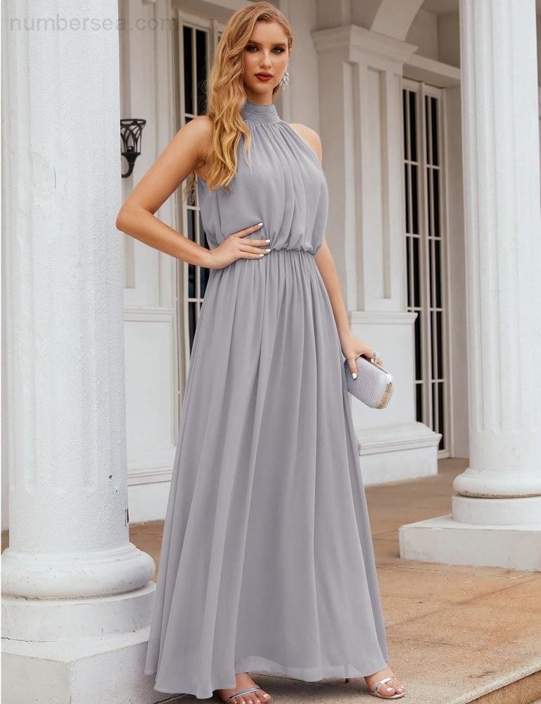 Numbersea High Neck Chiffon Bridesmaid Dresses Long Evening Formal Party Prom Gowns 28027