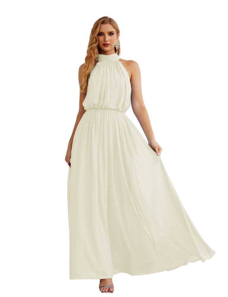 Numbersea High Neck Chiffon Bridesmaid Dresses Long Evening Formal Party Prom Gowns 28027 Ivory