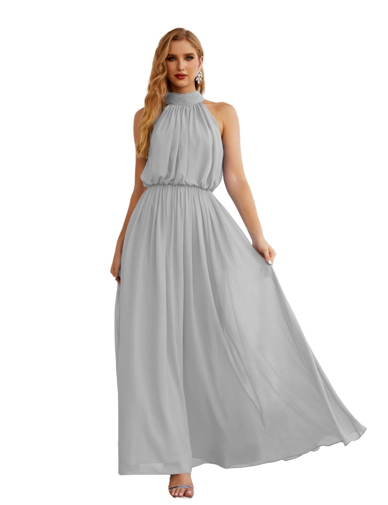 Numbersea High Neck Chiffon Bridesmaid Dresses Long Evening Formal Party Prom Gowns 28027 Light Grey