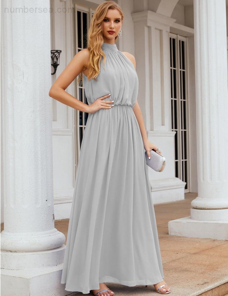 Numbersea High Neck Chiffon Bridesmaid Dresses Long Evening Formal Party Prom Gowns 28027