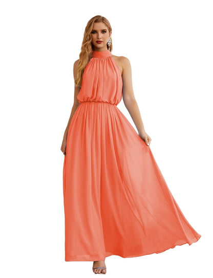 Numbersea High Neck Chiffon Bridesmaid Dresses Long Evening Formal Party Prom Gowns 28027 Peach Pink