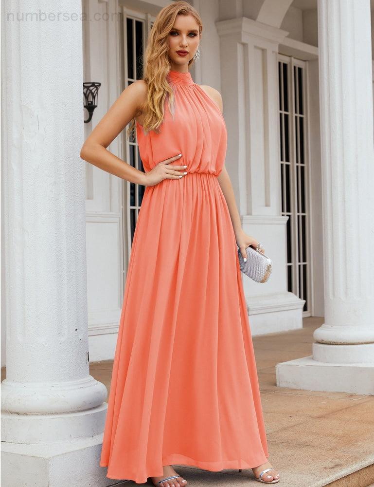 Numbersea High Neck Chiffon Bridesmaid Dresses Long Evening Formal Party Prom Gowns 28027