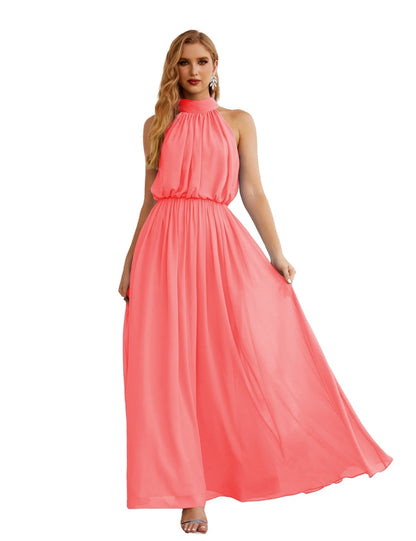 Numbersea High Neck Chiffon Bridesmaid Dresses Long Evening Formal Party Prom Gowns 28027 Coral Pink