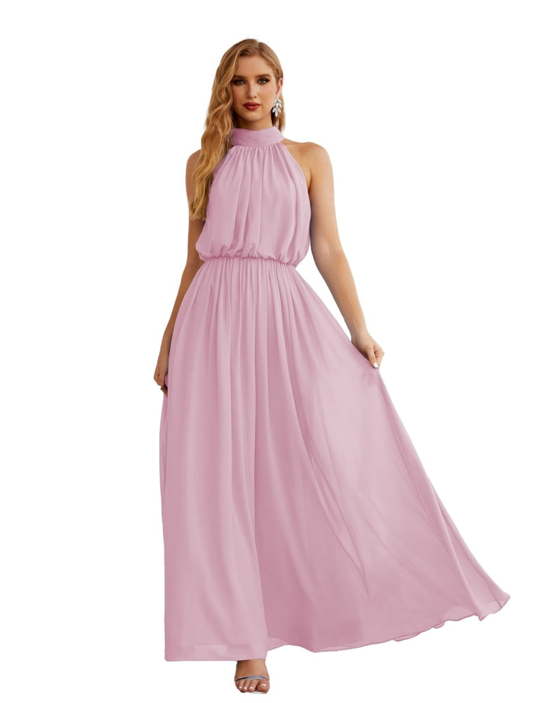 Numbersea High Neck Chiffon Bridesmaid Dresses Long Evening Formal Party Prom Gowns 28027 Candy Pink