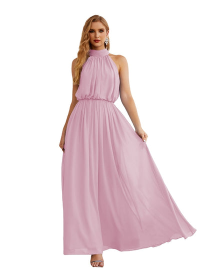 Numbersea High Neck Chiffon Bridesmaid Dresses Long Evening Formal Party Prom Gowns 28027 Candy Pink