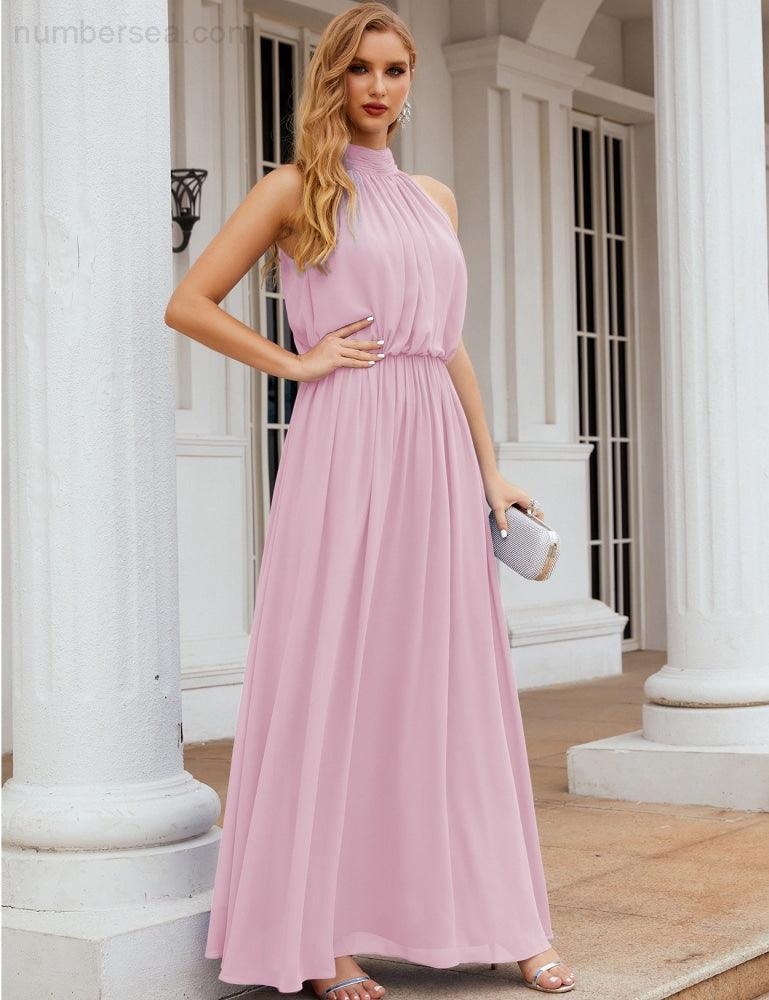 Numbersea High Neck Chiffon Bridesmaid Dresses Long Evening Formal Party Prom Gowns 28027