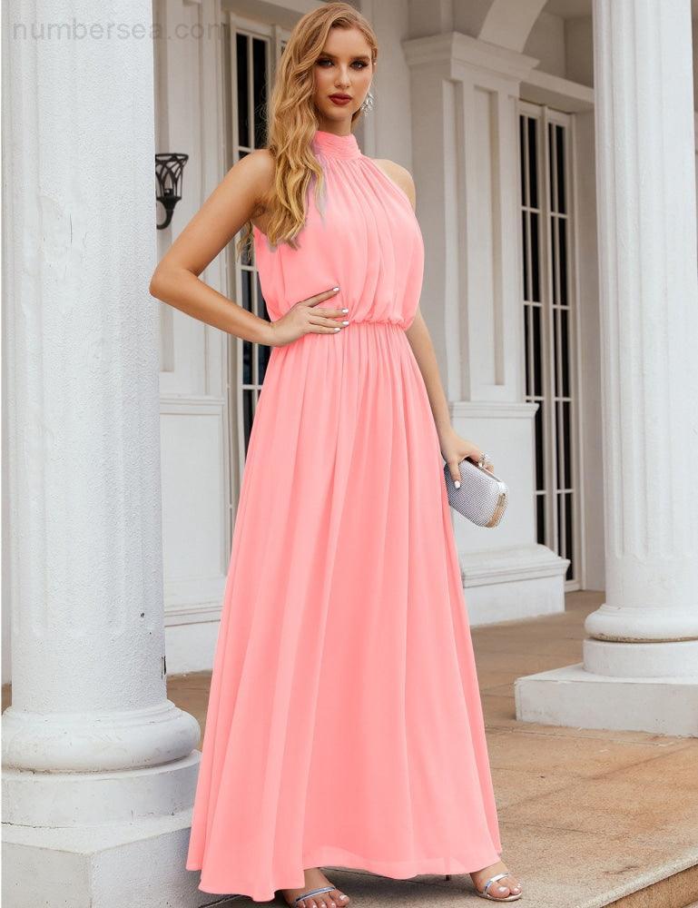 Numbersea High Neck Chiffon Bridesmaid Dresses Long Evening Formal Party Prom Gowns 28027