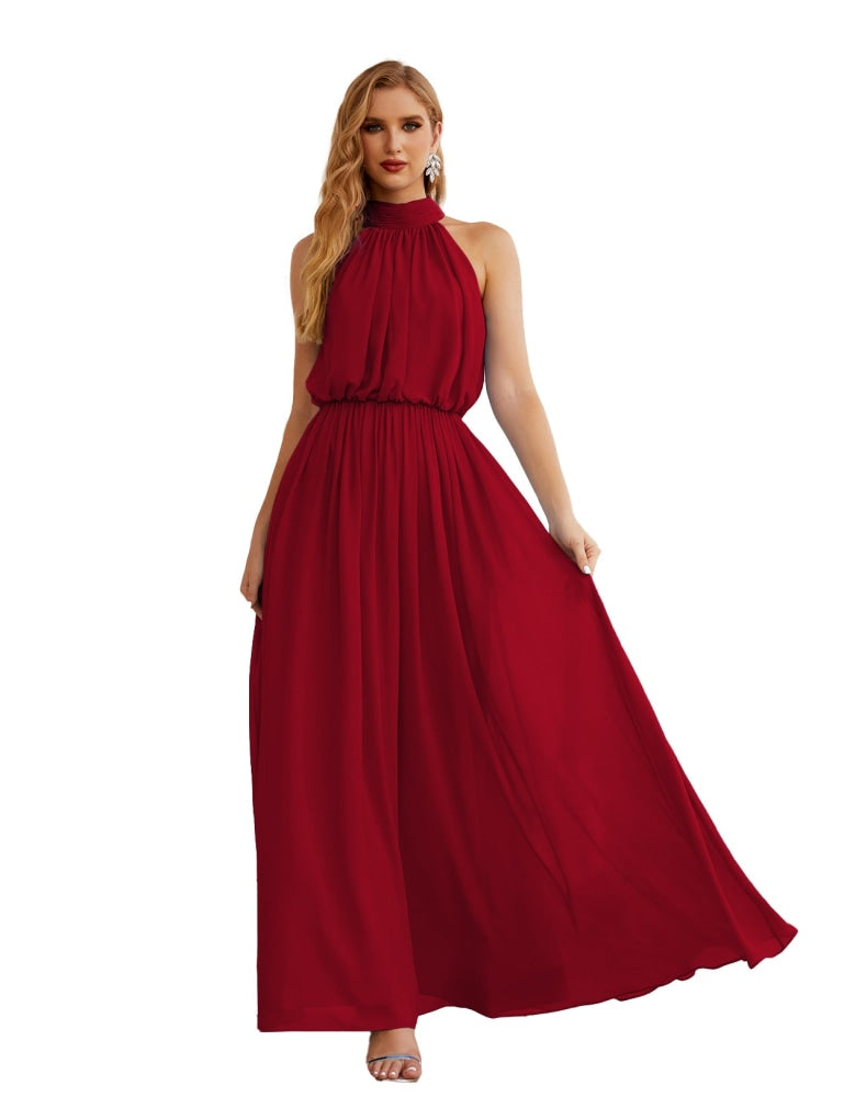 Numbersea High Neck Chiffon Bridesmaid Dresses Long Evening Formal Party Prom Gowns 28027 Crimson