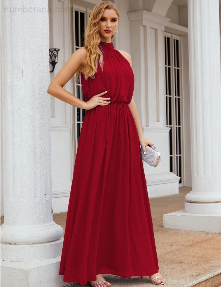 Numbersea High Neck Chiffon Bridesmaid Dresses Long Evening Formal Party Prom Gowns 28027