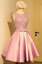 Homecoming Dress Appliques Bowknot Satin Short Prom Dress Party Dress