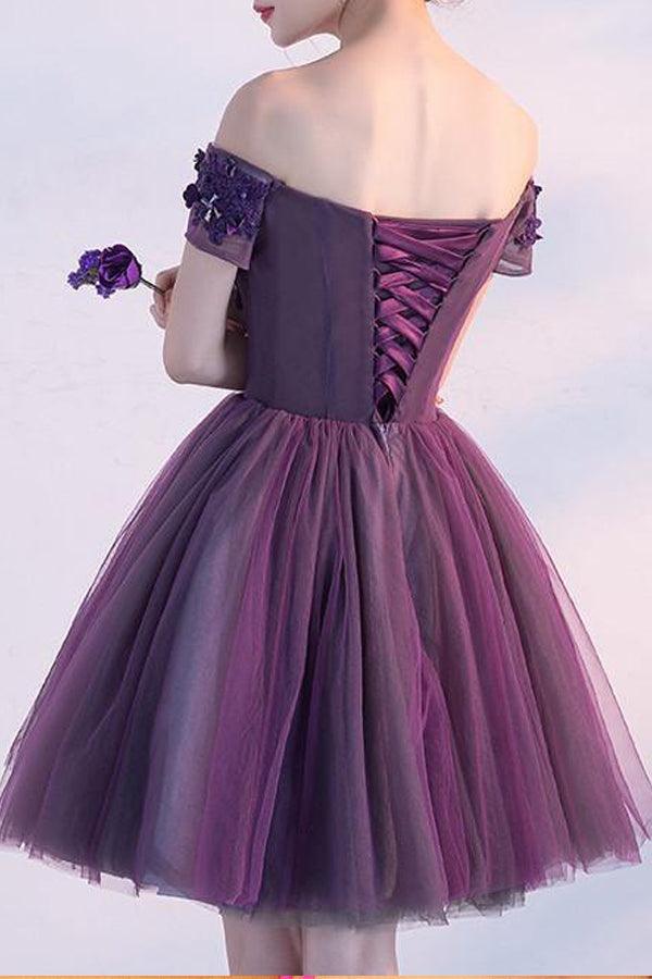 Vestido de fiesta morado corto con hombros descubiertos para regreso a casa