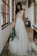 Vestidos de novia Venta caliente Cuello en V Encaje Espalda abierta Hermosos