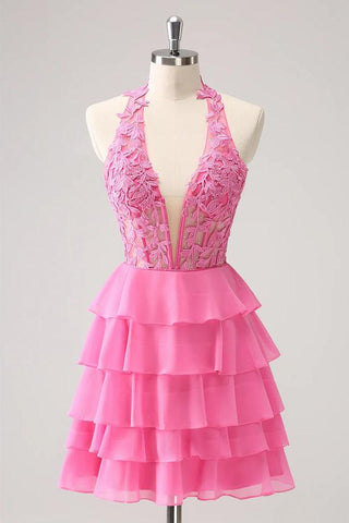 Hot Pink A Line Strapless Tiered Corset Cute Homecoming Dress