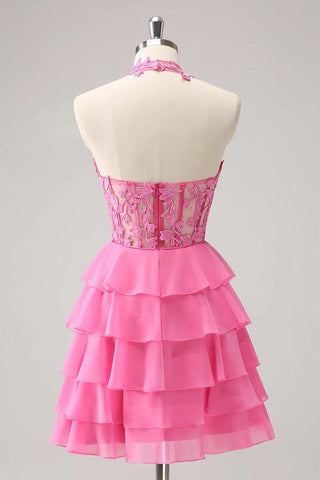 Hot Pink A Line Strapless Tiered Corset Cute Homecoming Dress