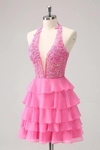 Hot Pink A Line Strapless Tiered Corset Cute Homecoming Dress