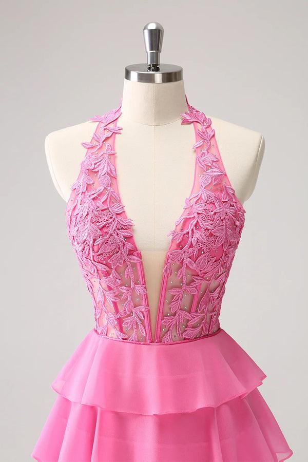 Hot Pink A-Linie Trägerloses Stufenkorsett Süßes Homecoming-Kleid