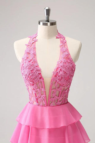Hot Pink A Line Strapless Tiered Corset Cute Homecoming Dress