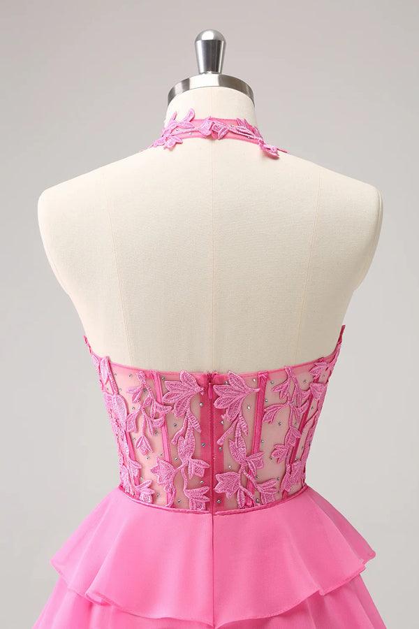 Hot Pink A-Linie Trägerloses Stufenkorsett Süßes Homecoming-Kleid