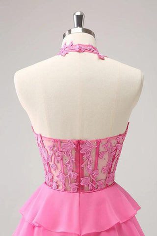 Hot Pink A Line Strapless Tiered Corset Cute Homecoming Dress
