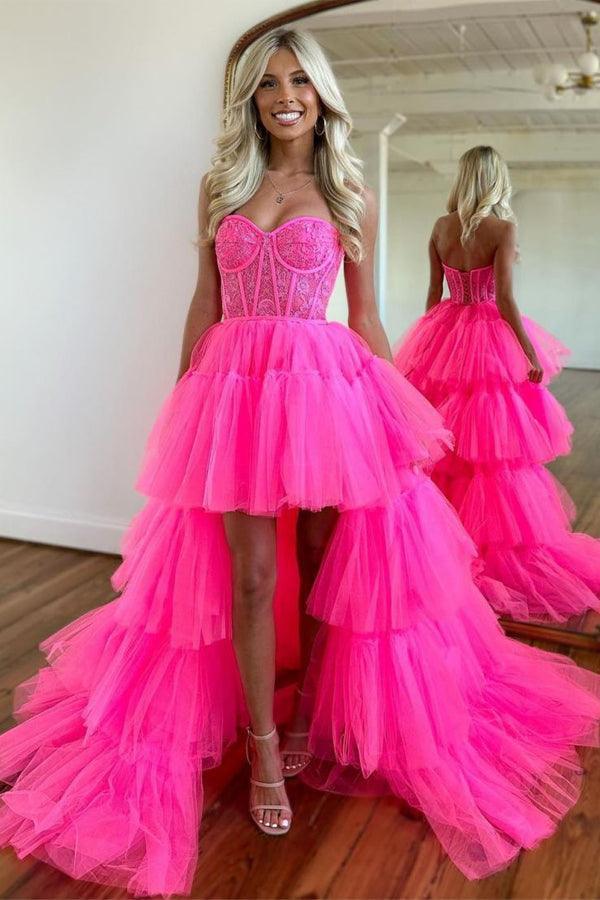 Hot Pink High Low Sweetheart Tiered Prom Dress Evening Dress