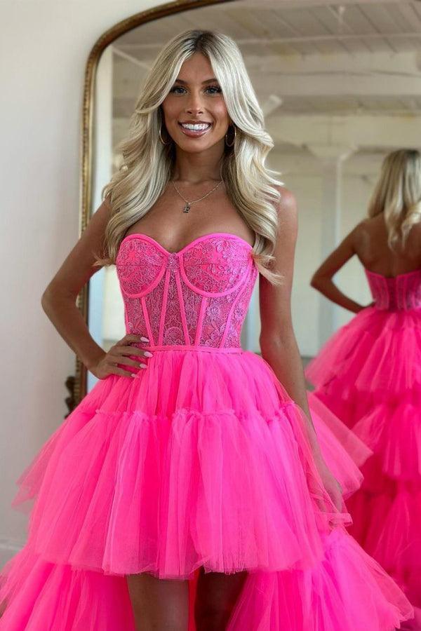 Hot Pink High Low Sweetheart Tiered Prom Dress Evening Dress