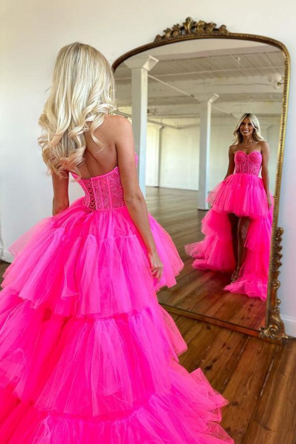 Hot Pink High Low Sweetheart Tiered Prom Dress Evening Dress