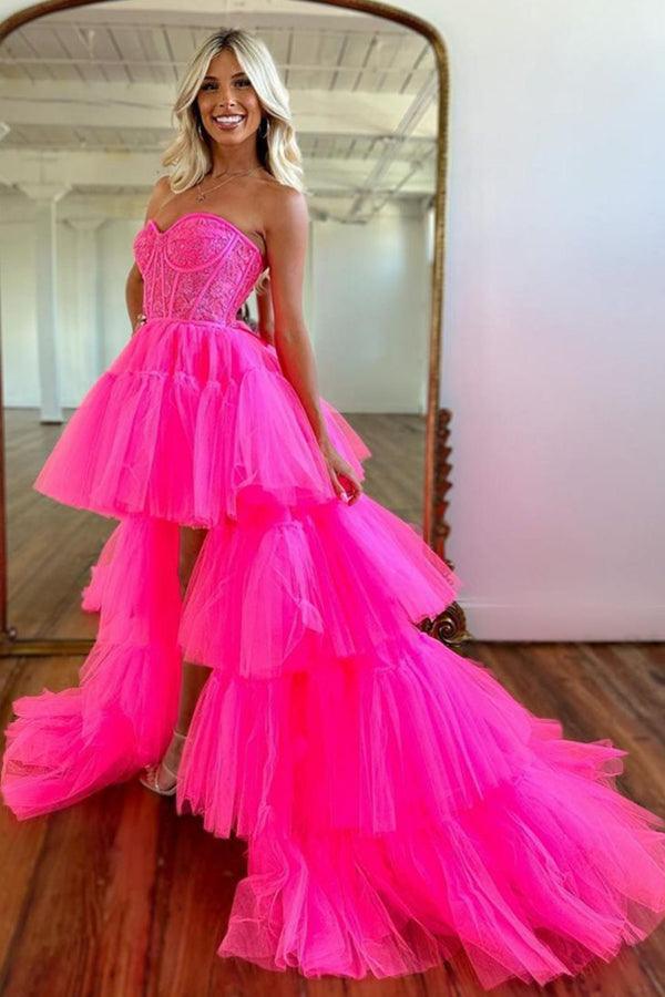 Hot Pink High Low Sweetheart Tiered Prom Dress Evening Dress