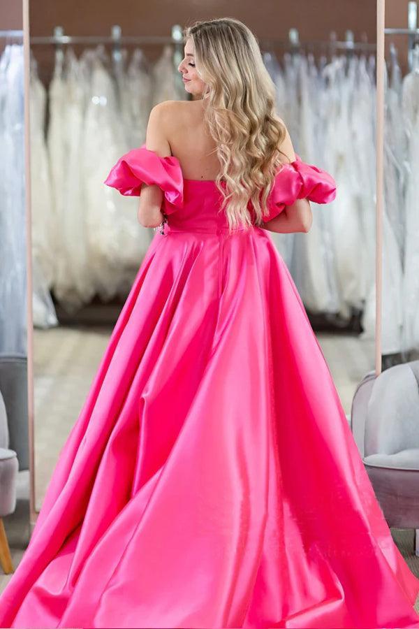 Hot Pink Puff Sleeves Off The Shoulder Simple Prom Evening Dresses