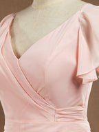 NumberSea - Numbersea Sheath Column V - neck Floor Length Chiffon Bridesmaid Dress Sleeves with Cascading Ruffles