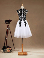 NumberSea - Knee Length A - Line Tulle Jewel Neck Prom Part Dress with Appliques