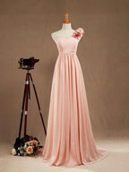 NumberSea - Chiffon Long Bridesmaid Dress A - line One Flower Strap Sweetheart Neckline
