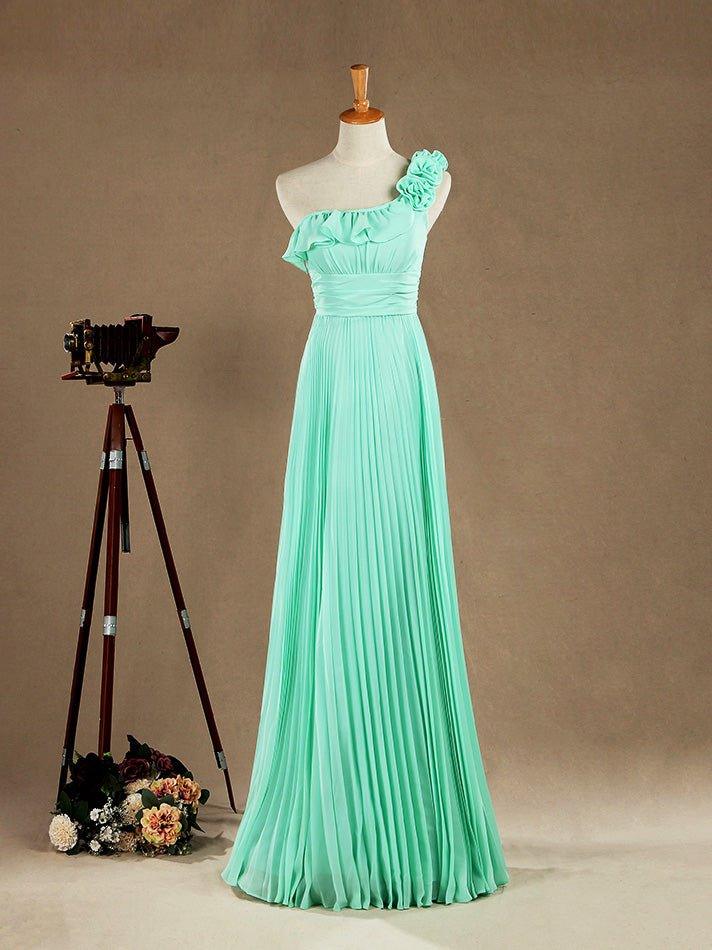 NumberSea - Numbersea Sheath / Column One Shoulder Floor Length Chiffon Bridesmaid Dress with Flowers Crumple