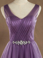 NumberSea - A - Line V - neck Floor Length Tulle Bridesmaid Dress Criss Cross with Beading