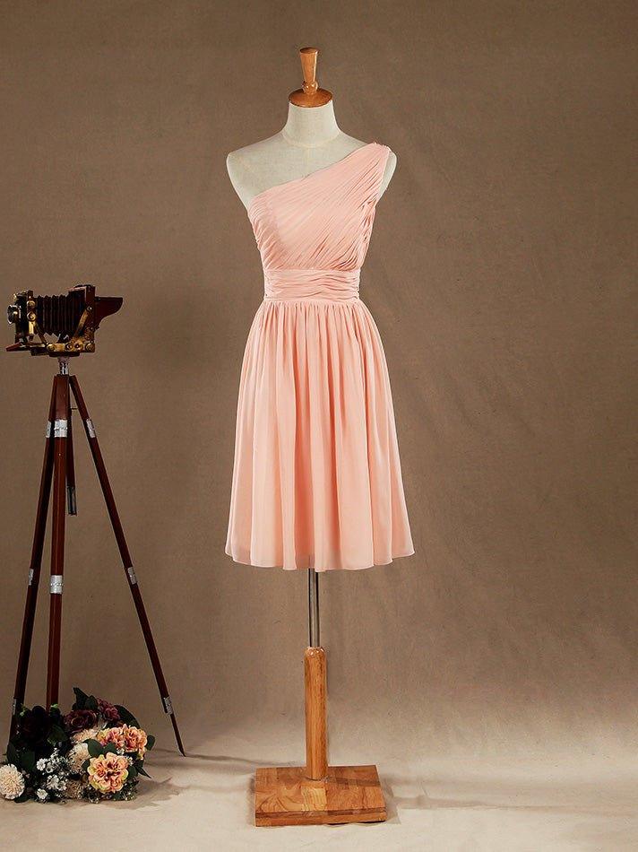 NumberSea - Knee Length A - Line One Shoulder Chiffon Bridesmaid Dress with Ruching Pleats