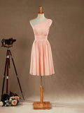 NumberSea - Knee Length A - Line One Shoulder Chiffon Bridesmaid Dress with Ruching Pleats
