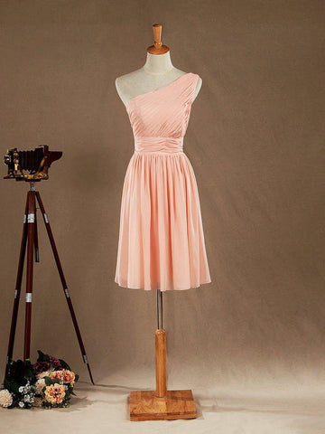 NumberSea - Knee Length A - Line One Shoulder Chiffon Bridesmaid Dress with Ruching Pleats