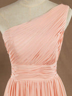 NumberSea - Knee Length A - Line One Shoulder Chiffon Bridesmaid Dress with Ruching Pleats
