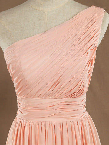 NumberSea - Knee Length A - Line One Shoulder Chiffon Bridesmaid Dress with Ruching Pleats