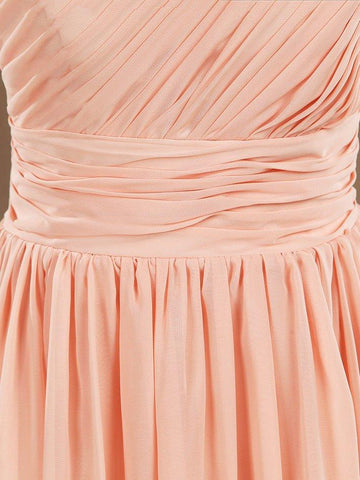 NumberSea - Knee Length A - Line One Shoulder Chiffon Bridesmaid Dress with Ruching Pleats