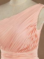 NumberSea - Knee Length A - Line One Shoulder Chiffon Bridesmaid Dress with Ruching Pleats